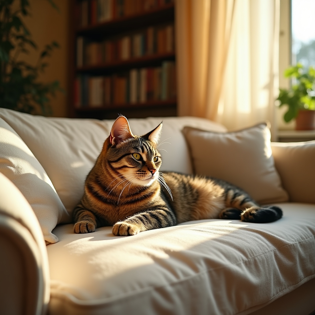 Gatto rilassato sul divano di casa durante la visita del pet sitter