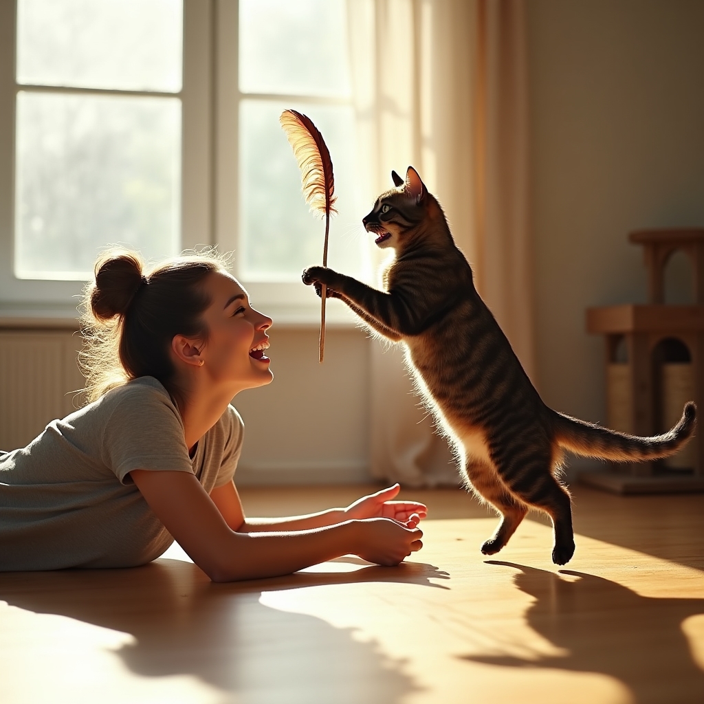 Pet sitter che gioca con un gatto usando un giocattolo interattivo