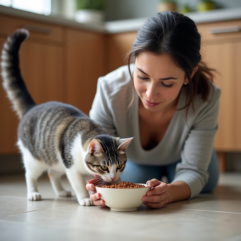 Pet sitter che nutre un gatto durante una visita a domicilio
