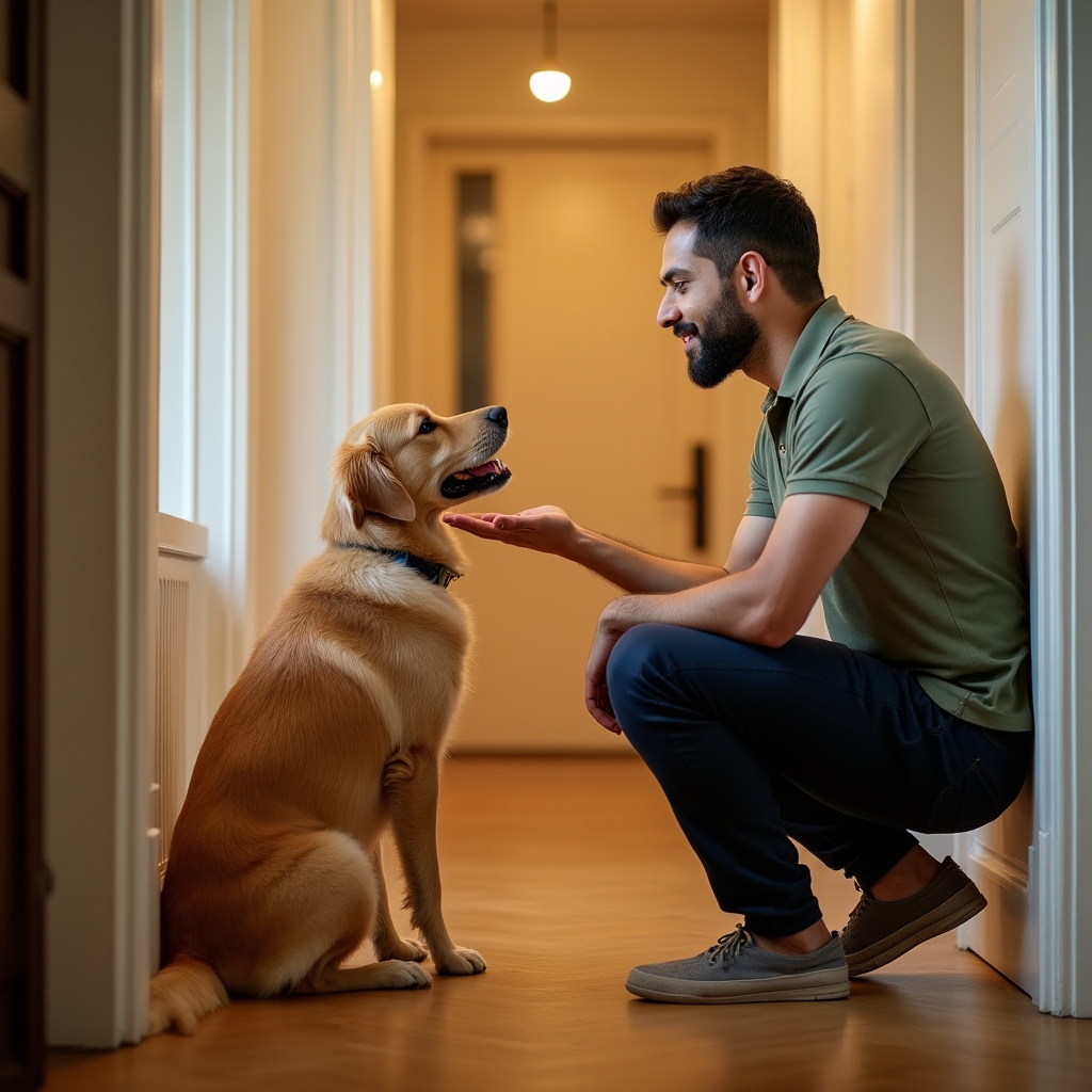 Pet sitter che saluta affettuosamente un cane all'ingresso di casa